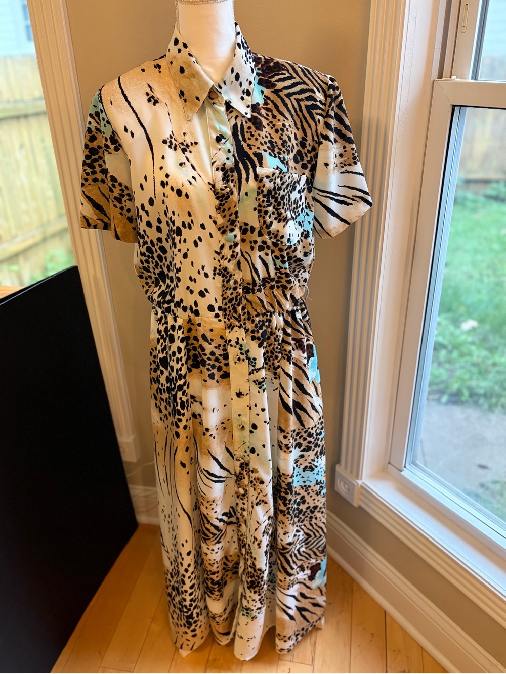 Vintage Isn't It Fine Animal Print Maxi Shirt Dress Size L Leopard Tiger Aqua
